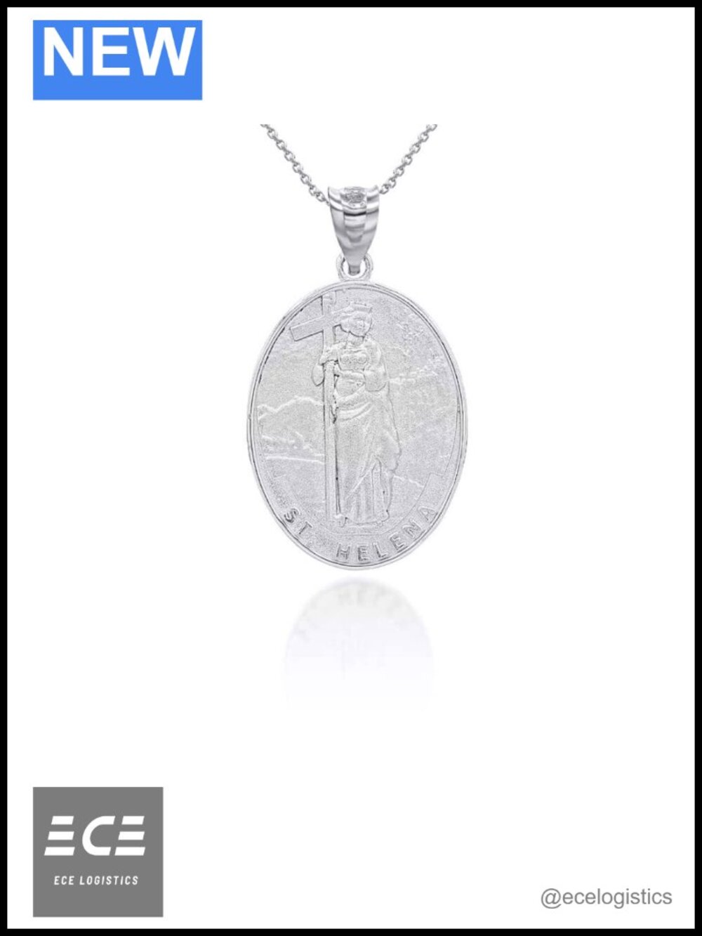 925 Sterling Silver St. Helena Oval Religious Medal Pendant Necklace